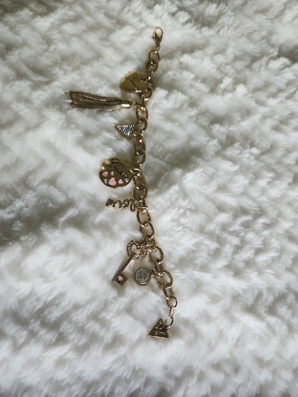 GUESS Gold-Tone Charm Bracelet with Pink Heart Accents Boho Vibe - Picture 8 of 12